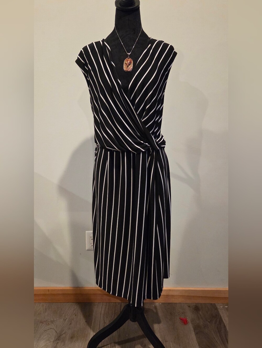 Roz & Ali Black and White Striped Wrap-Style Midi Dress